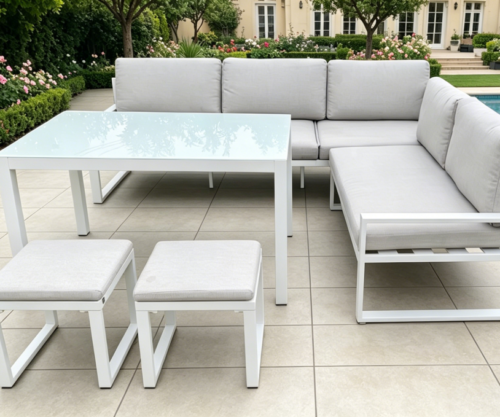 1 x 2-seater sofa + 1 x 3-seater sofa + 1 x table + 2 x stools (5-pieces set with cushions)